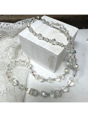 Vintage Aurora Borealis Crystal Beaded Necklace With Faceted Glass Beads